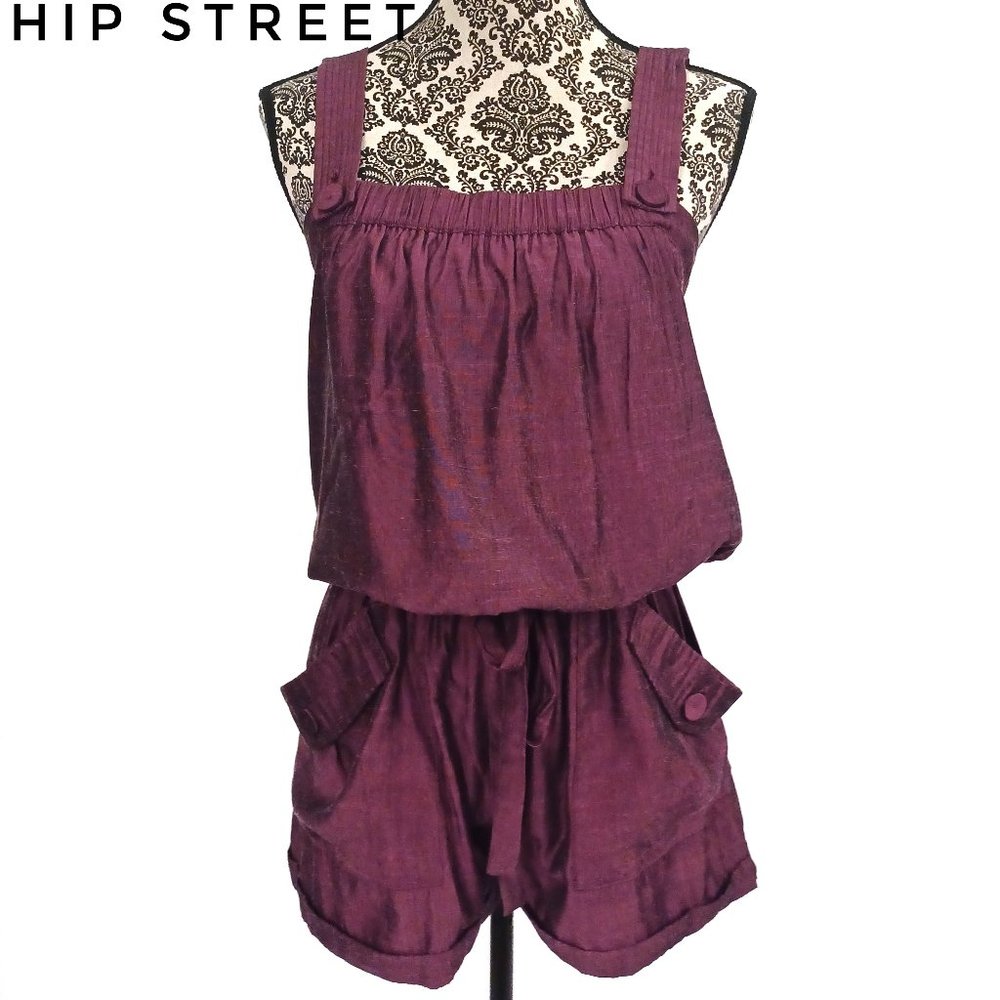 ROMPER Shoulder Strap Elastic Waist Burgandy Purple Shantung Style Fabric  M